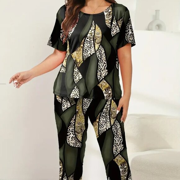 3X 4X 5X PLUS SIZE Leopard & Paisley Short Sleeve Colorblock Loungewear Set - Picture 4 of 5